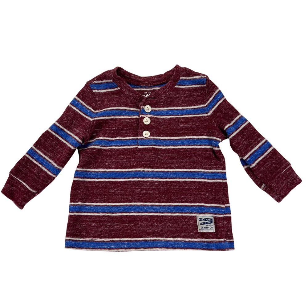 OshKosh B'gosh Henley Shirt Baby Boys 9M Maroon Blue Striped Long Sleeve‎ Top